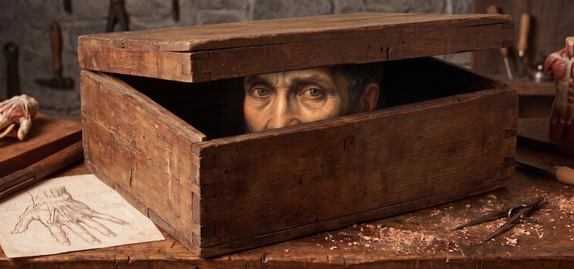 Inside the box — an eye watching from within the master's crate